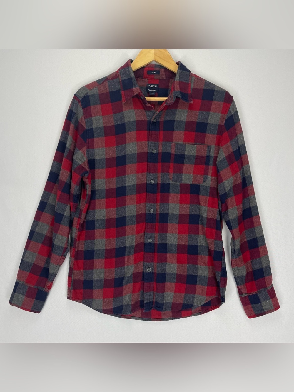 J Crew Flannel Shirt Men’s M Slim Fit Red/Navy/Gray Plaid Cotton Outdoor